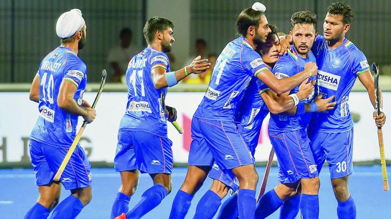 Indian players celebrate a goal against Japan during the semifinal of FIH Men’s Series Finals at Kalinga Stadium in Bhubaneswar on Friday. (Photo: PTI) Indian players celebrate a goal against Japan during the semifinal of FIH Men’s Series Finals at Kalinga Stadium in Bhubaneswar on Friday. (Photo: PTI)