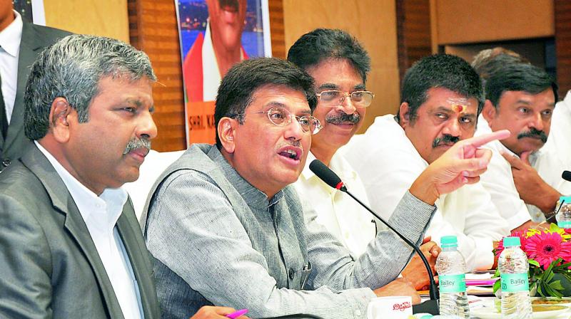 Union power minister Piyush Goyal addresses during discussion on GST at a hotel in Visakhapatnam on Wednesday. (Photo: DC) Union power minister Piyush Goyal addresses during discussion on GST at a hotel in Visakhapatnam on Wednesday. (Photo: DC)