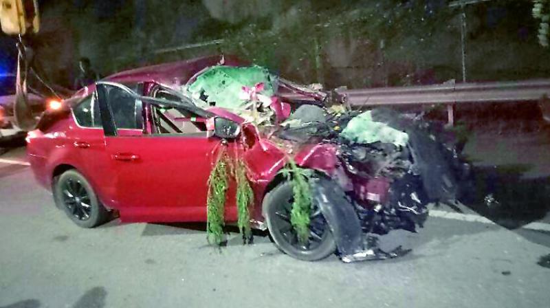 Bharath Raju’s car after it hit a lorry on ORR on Saturday night (Photo: DC) Bharath Raju’s car after it hit a lorry on ORR on Saturday night (Photo: DC)