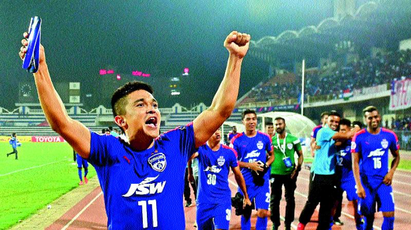 Bengaluru F.C. captain Sunil Chhetri celebrates his team’s win against Johor Darul TA’ZIM (MAS) during the AFC Cup 2016 Knock out match at Kanteerava Stadium in Bengaluru Bengaluru F.C. captain Sunil Chhetri celebrates his team’s win against Johor Darul TA’ZIM (MAS) during the AFC Cup 2016 Knock out match at Kanteerava Stadium in Bengaluru