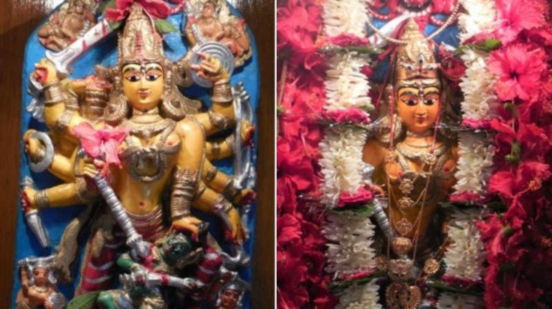 The idol is said to be almost 1000 years old, and was found 14 feet under the ground by one of the Haldar forefathers somewhere in Odisha. (Photo: www.baghbazarhaldarbari.com) The idol is said to be almost 1000 years old, and was found 14 feet under the ground by one of the Haldar forefathers somewhere in Odisha. (Photo: www.baghbazarhaldarbari.com)