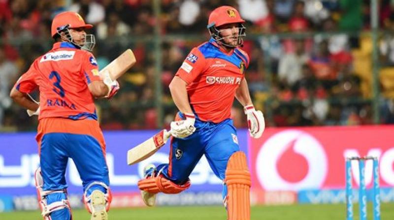 Gujrat Lions Aaron Finch and Suresh Raina runs between the wicket during the IPL 10 match against Royal Challengers Bangalore at Chinnaswamy Stadium in Bengaluru on Thursday. (Photo: PTI) Gujrat Lions Aaron Finch and Suresh Raina runs between the wicket during the IPL 10 match against Royal Challengers Bangalore at Chinnaswamy Stadium in Bengaluru on Thursday. (Photo: PTI)