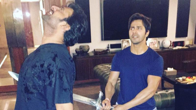 The picture with Prabhas that Varun Dhawan shared on Twitter. The picture with Prabhas that Varun Dhawan shared on Twitter.