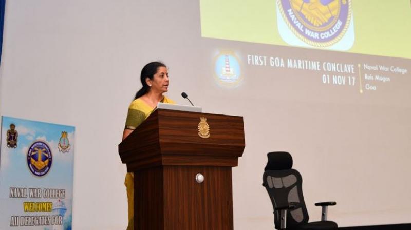 Defence minister Nirmala Sitharaman speaking at the Goa Maritime Conclave - 2017 at Dabolim on Wednesday. (PIB | Twitter) Defence minister Nirmala Sitharaman speaking at the Goa Maritime Conclave - 2017 at Dabolim on Wednesday. (PIB | Twitter)