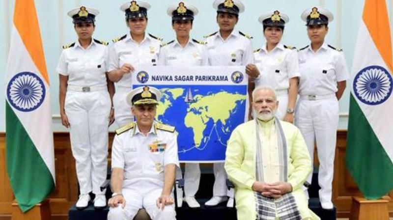 Prime Minister Narendra Modi with the six women officers of the Indian Navy who are expedition of circumnavigating the globe on the sailing vessel INSV Tarini in New Delhi on August 16, 2017. (Photo: PTI | File) Prime Minister Narendra Modi with the six women officers of the Indian Navy who are expedition of circumnavigating the globe on the sailing vessel INSV Tarini in New Delhi on August 16, 2017. (Photo: PTI | File)