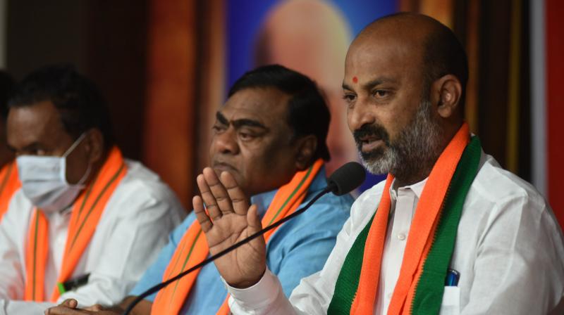 Bandi Sanjay Kumar, MP&BJP State President, addresses the media at BJP State Office, Nampally in Hyderabad.(DC image/SSR)