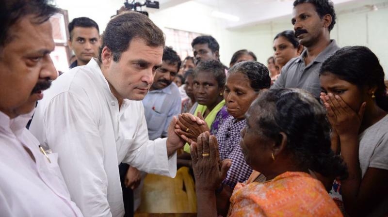 Congress President Rahul Gandhi meets flood affected at the Relief Camp at the Engineering College in Chengannur. (Photo: Twitter | @INCIndia) Congress President Rahul Gandhi meets flood affected at the Relief Camp at the Engineering College in Chengannur. (Photo: Twitter | @INCIndia)