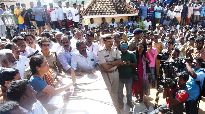 Union defence minister Nirmala Sitharaman addresses a gathering of fishermen at Vizhinjam on Monday. (Photo: Peethambaran Payyeri) Union defence minister Nirmala Sitharaman addresses a gathering of fishermen at Vizhinjam on Monday. (Photo: Peethambaran Payyeri)