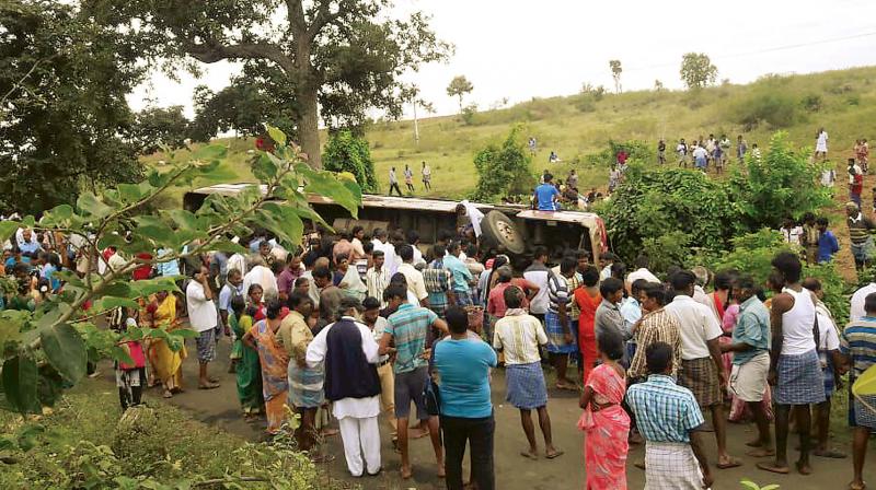 Police said due to the morning peak hour, the state transport bus was over-crowded, carrying about 90 passengers at the time of the gruesome mishap. Police said due to the morning peak hour, the state transport bus was over-crowded, carrying about 90 passengers at the time of the gruesome mishap.