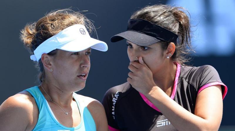 The third seeded pair of Sania Mirza and Barbora Strycova was defeated by the unseeded Canadian-Chinese pair of Gabriela Dabrowski and Xu Yifan 6-4, 6-3. (Photo: AFP) The third seeded pair of Sania Mirza and Barbora Strycova was defeated by the unseeded Canadian-Chinese pair of Gabriela Dabrowski and Xu Yifan 6-4, 6-3. (Photo: AFP)