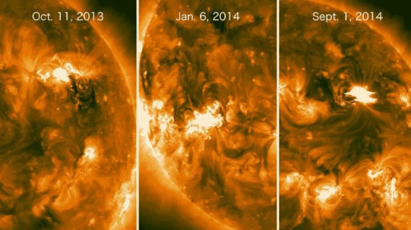 These solar flares were imaged in extreme ultraviolet light by NASA's STEREO satellites, which at the time were viewing the side of the sun facing away from Earth. (Photo: NASA) These solar flares were imaged in extreme ultraviolet light by NASA's STEREO satellites, which at the time were viewing the side of the sun facing away from Earth. (Photo: NASA)