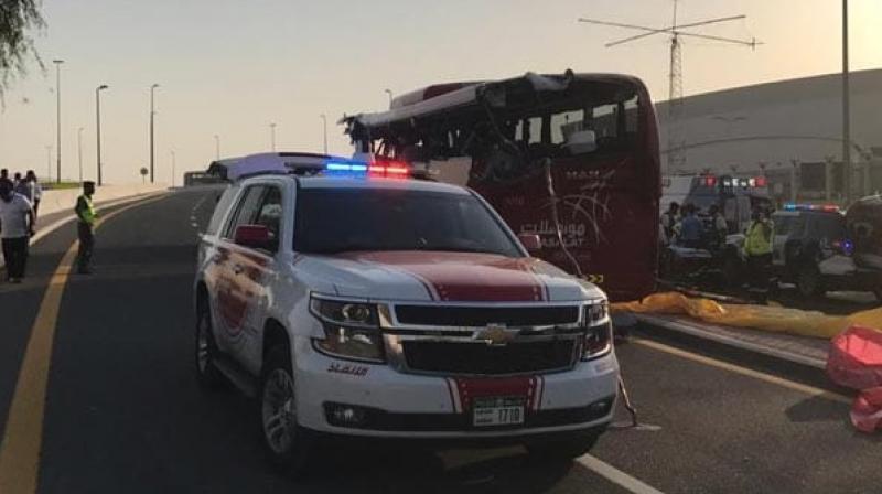 The bus, carrying 31 passengers, crashed into a height barrier, which slashed the rear window, cut into the left side of the bus and killed passengers sitting on that side, the Gulf News reported. (Photo: Dubai Police | Twitter) The bus, carrying 31 passengers, crashed into a height barrier, which slashed the rear window, cut into the left side of the bus and killed passengers sitting on that side, the Gulf News reported. (Photo: Dubai Police | Twitter)