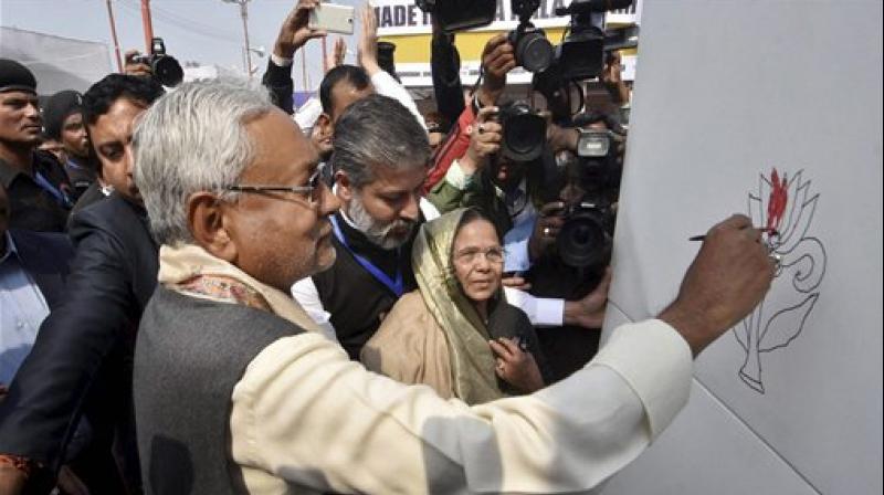 Bihar Chief MInister Nitish Kumar drawing a painting during the inauguration of 23rd Patna Book Fair at Gandhi Maidan in Patna on Saturday. (Photo: PTI) Bihar Chief MInister Nitish Kumar drawing a painting during the inauguration of 23rd Patna Book Fair at Gandhi Maidan in Patna on Saturday. (Photo: PTI)