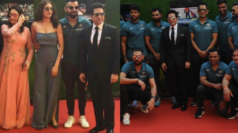 (L) Sachin Tendulkar and his wife Anjali with Virat Kohli and Anushka Sharma. (R) Sachin posing with other members of the Indian cricket team. (L) Sachin Tendulkar and his wife Anjali with Virat Kohli and Anushka Sharma. (R) Sachin posing with other members of the Indian cricket team.
