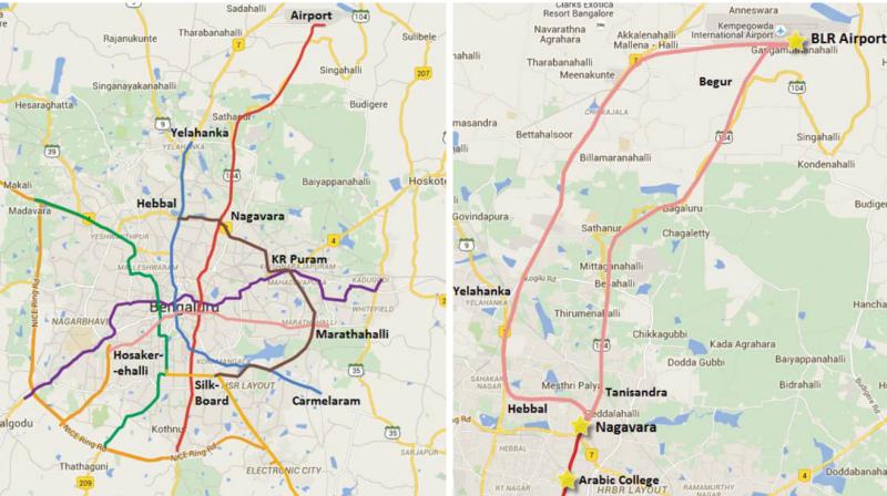 Nagavara to Airport via Tanisandra & Begur (left); Nagavara to Airport via National Highway — Hebbal & Yelahanka Nagavara to Airport via Tanisandra & Begur (left); Nagavara to Airport via National Highway — Hebbal & Yelahanka