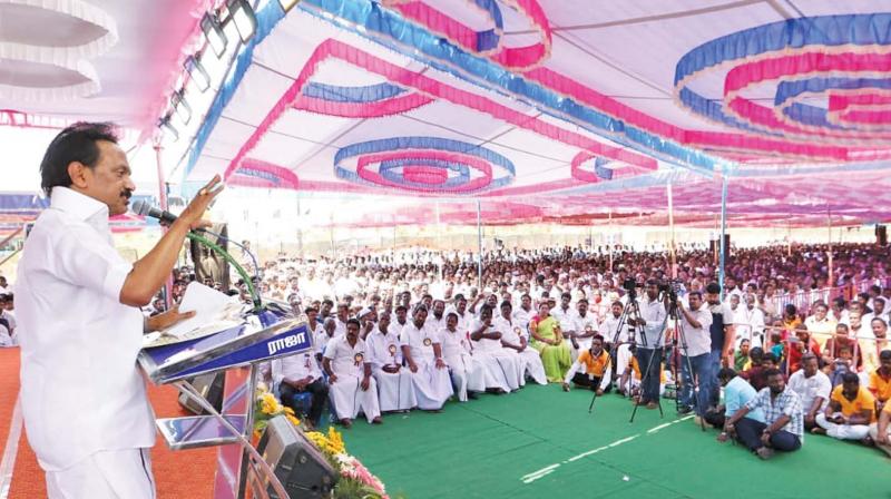 DMK president M. K. Stalin addresses his party’s gram sabha meeting at Agaramserry, Ambur in Vellore district, on Tuesday. (Image DC) DMK president M. K. Stalin addresses his party’s gram sabha meeting at Agaramserry, Ambur in Vellore district, on Tuesday. (Image DC)
