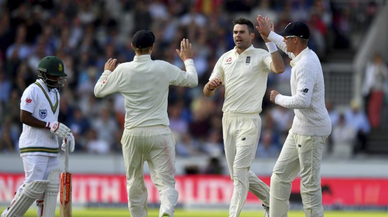 James Anderson scalped four wickets for 33 runs in 15 overs as England pushed South Africa on the backfoot in the series-decider. (Photo: AP) James Anderson scalped four wickets for 33 runs in 15 overs as England pushed South Africa on the backfoot in the series-decider. (Photo: AP)