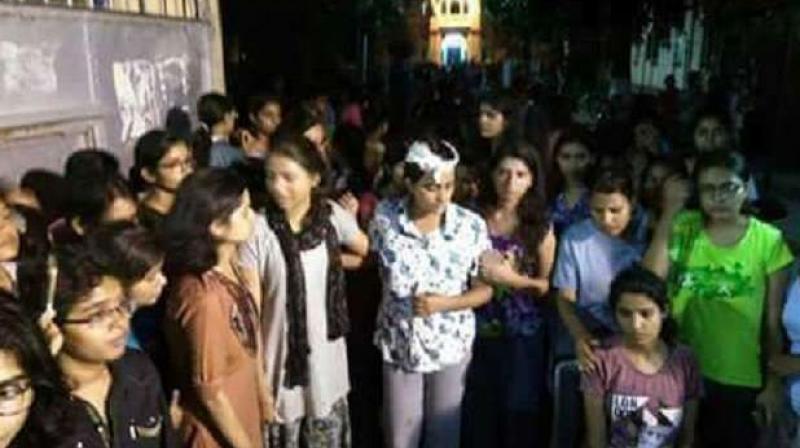 The ongoing protesters outside the BHU campus were triggered when a first-year female student of BHU alleged that she was molested by three bike-borne men outside the varsity campus on Thursday. (Photo: Twitter | ANI) The ongoing protesters outside the BHU campus were triggered when a first-year female student of BHU alleged that she was molested by three bike-borne men outside the varsity campus on Thursday. (Photo: Twitter | ANI)