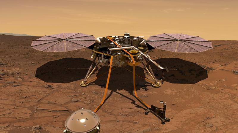 The stationary probe, launched from California in May, will then pause for 16 minutes for the dust to settle, literally, around the landing site before its disc-shaped solar arrays unfurl to provide power. (Photo: NASA) The stationary probe, launched from California in May, will then pause for 16 minutes for the dust to settle, literally, around the landing site before its disc-shaped solar arrays unfurl to provide power. (Photo: NASA)