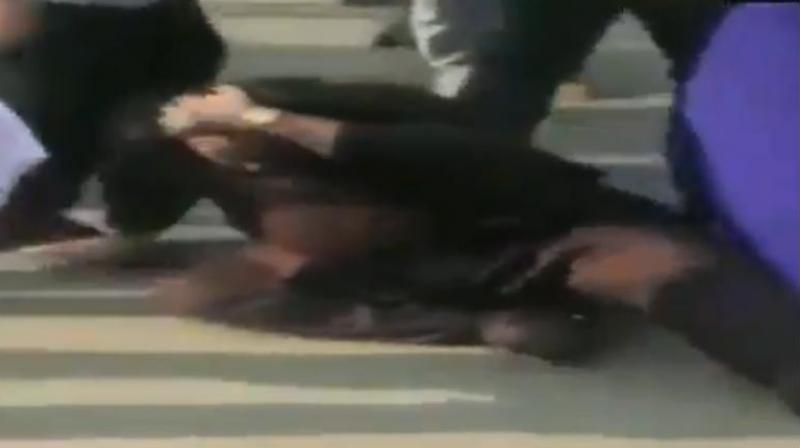 The attackers pushed Singh to the ground, causing his turban to fall off. His face was blackened and beaten by the men before he was taken to a place of safety. (Photo: Twitter | @ANI screengrab) The attackers pushed Singh to the ground, causing his turban to fall off. His face was blackened and beaten by the men before he was taken to a place of safety. (Photo: Twitter | @ANI screengrab)