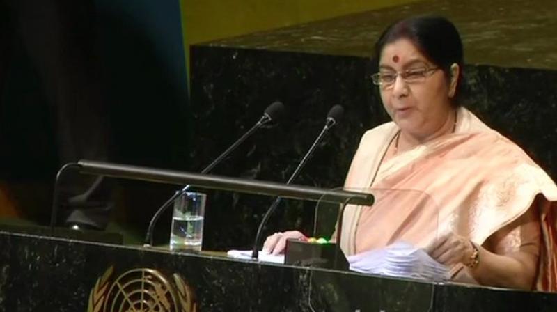 Swaraj said the demon of terrorism now stalks the world, at a faster pace somewhere, a slower pace elsewhere, but life-threatening everywhere. (Photo: ANI/Twitter) Swaraj said the demon of terrorism now stalks the world, at a faster pace somewhere, a slower pace elsewhere, but life-threatening everywhere. (Photo: ANI/Twitter)