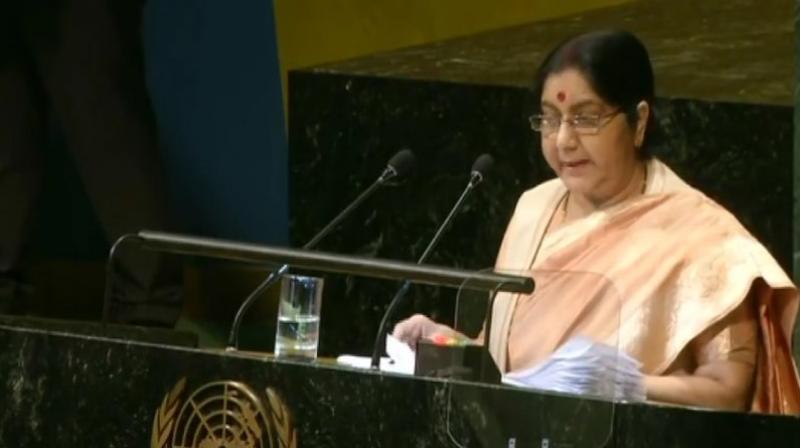 Swaraj warned against a delay in reforming the world body, saying reform must begin today as tomorrow could be too late. (Photo: ANI/Twitter) Swaraj warned against a delay in reforming the world body, saying reform must begin today as tomorrow could be too late. (Photo: ANI/Twitter)