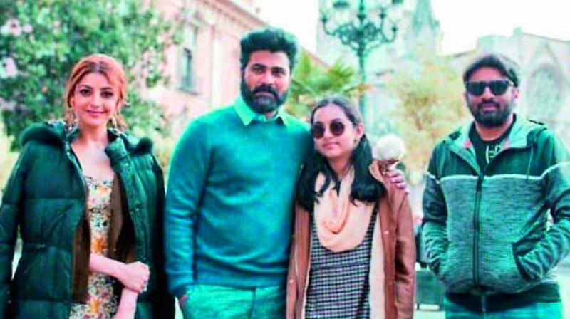 Kajal Aggarwal, Sharwanand and Sudheer Varma on the set of the film in Spain. Kajal Aggarwal, Sharwanand and Sudheer Varma on the set of the film in Spain.