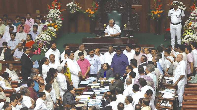 A view of the Assembly proceedings at Vidhana Soudha on Monday during the Budget session of the state Legislature. A view of the Assembly proceedings at Vidhana Soudha on Monday during the Budget session of the state Legislature.