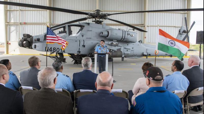 Air Marshal AS Butola represented IAF and accepted the first Apache. Representatives from the US government were also present. (Photo: ANI | Twitter) Air Marshal AS Butola represented IAF and accepted the first Apache. Representatives from the US government were also present. (Photo: ANI | Twitter)