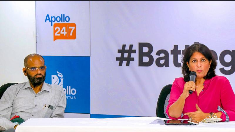 Apollo Hospitals Executive Vice-Chairperson Shobana Kamineni briefs media about Apollo Hospitals Group gearing up to administer 1 million COVID-19 vaccines per day, to augment the governments battle against COVID-19, at Apollo Hospitals, in Hyderabad. (PTI)