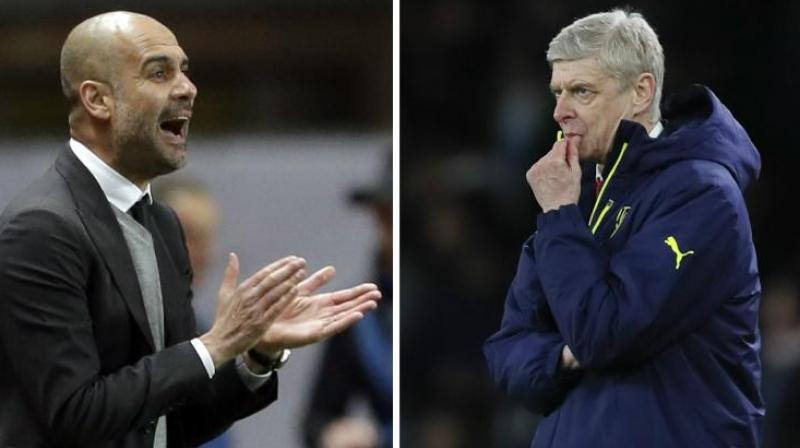 Arsene Wenger (right) faces the daunting task of taking on Pep Guardiola's(left) free-scoring team at Wembley, who will be desperate to bounce back and win a trophy. (Photo: AFP) Arsene Wenger (right) faces the daunting task of taking on Pep Guardiola's(left) free-scoring team at Wembley, who will be desperate to bounce back and win a trophy. (Photo: AFP)
