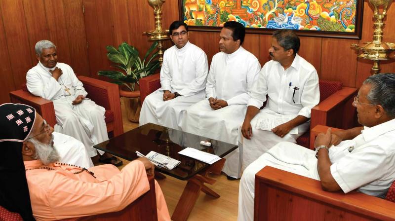 Cardinal Baselios Cleemis, Archbishop M. Soosa Pakiam, Bishop Remigiose Inchananiyil, Monsignor Eugine Periera and other priests discuss the church Bill issue with Chief Minister Pinarayi Vijayan in Thiruvananthapuram on Wednesday. (Peethambaran Payyeri) Cardinal Baselios Cleemis, Archbishop M. Soosa Pakiam, Bishop Remigiose Inchananiyil, Monsignor Eugine Periera and other priests discuss the church Bill issue with Chief Minister Pinarayi Vijayan in Thiruvananthapuram on Wednesday. (Peethambaran Payyeri)
