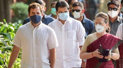 Congress President Sonia Gandhi with party leaders Rahul Gandhi and KC Venugopal arrives for the Congress Working Committee meeting, at the AICC headquarters, in New Delhi, Monday, May 9, 2022. (PTI Photo/Kamal Kishore)