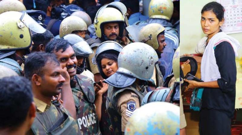 Kavitha Jakkala climbs Neelimala with heavy police escort on Friday. (R) Rehna Fathima at Pampa police station. Image: Peethambaran Payyeri Kavitha Jakkala climbs Neelimala with heavy police escort on Friday. (R) Rehna Fathima at Pampa police station. Image: Peethambaran Payyeri