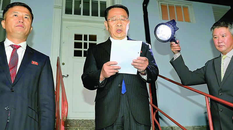 North Korean negotiator Kim Miyong Gil reads statement outside the North Korean Embassy in Stockholm, Sweden on Saturday.(Photo: AP) North Korean negotiator Kim Miyong Gil reads statement outside the North Korean Embassy in Stockholm, Sweden on Saturday.(Photo: AP)