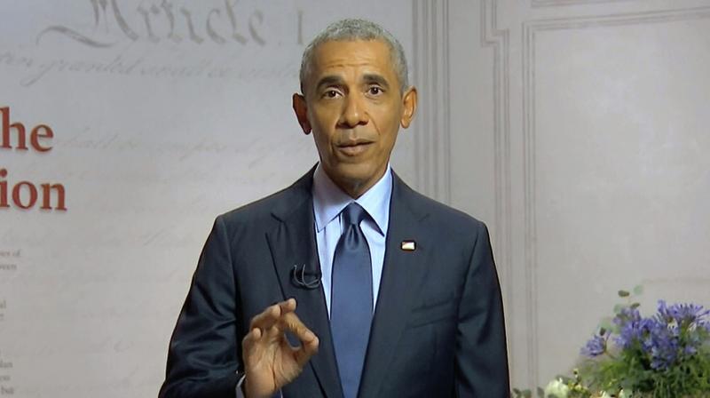 Former US President Barack Obama speaking from Philadelphia during an online broadcast of the Democratic National Convention, being held virtually amid the novel coronavirus pandemic. (AP)