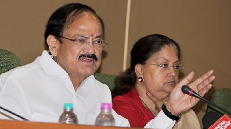 Union Urban Development Minister M Venkaiah Naidu and Rajasthan CM Vasundhara Raje addressing a press conference. (Photo: AP) Union Urban Development Minister M Venkaiah Naidu and Rajasthan CM Vasundhara Raje addressing a press conference. (Photo: AP)