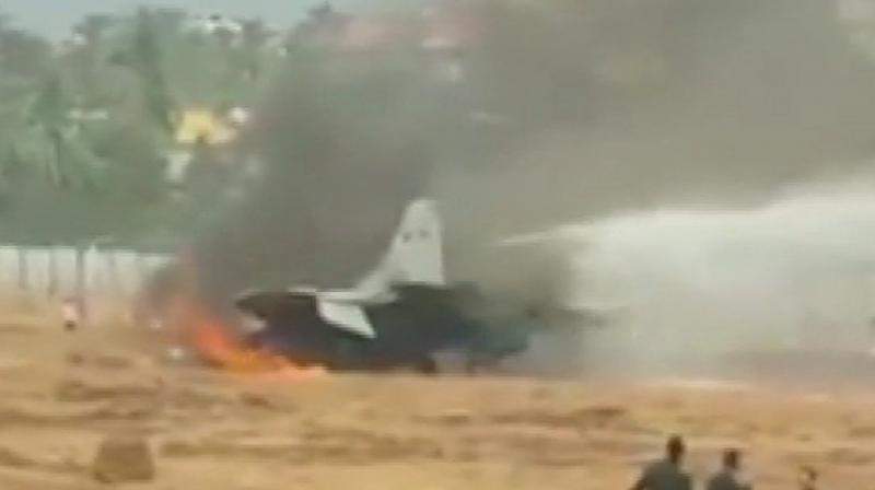 Fire on MiG-29K aircraft being extinguished at Goa airport, after the aircraft went off runway while taking off. (Photo: ANI/Twitter) Fire on MiG-29K aircraft being extinguished at Goa airport, after the aircraft went off runway while taking off. (Photo: ANI/Twitter)