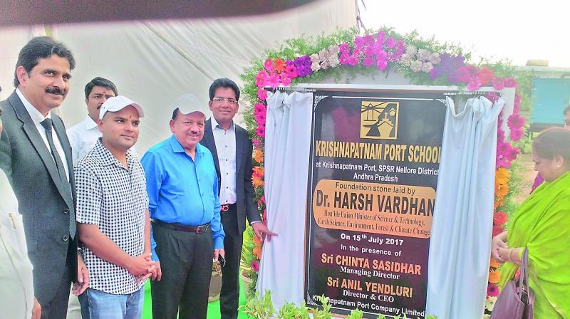 Union minister Harsh Vardhan after laying a foundation stone for Krishnapatnam Port School at Krishnapatnam on Saturday. (Photo: DC) Union minister Harsh Vardhan after laying a foundation stone for Krishnapatnam Port School at Krishnapatnam on Saturday. (Photo: DC)