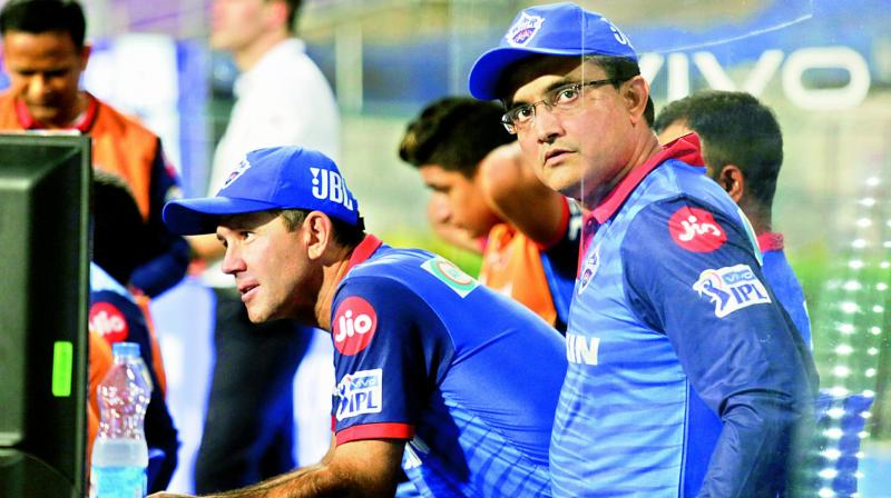 Delhi Capitals’ mentor Sourav Ganguly (right) with head coach Ricky Ponting. (Photo: AP) Delhi Capitals’ mentor Sourav Ganguly (right) with head coach Ricky Ponting. (Photo: AP)