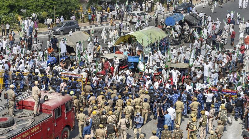 The farmers were marching towards Delhi over demands ranging from farm loan waiver to cut in fuel prices, but were stopped at Delhi-UP border with police using water cannons to disperse them. (Photo: PTI) The farmers were marching towards Delhi over demands ranging from farm loan waiver to cut in fuel prices, but were stopped at Delhi-UP border with police using water cannons to disperse them. (Photo: PTI)