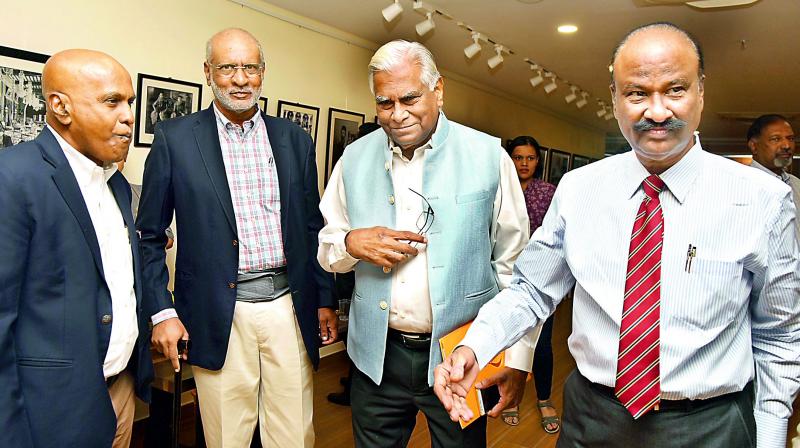 From right: Former Director General of the Sashastra Seema Bal M.V. Krishna Rao, chairman of Court of Governance of ASCI K. Padmanabhaiah and political analyst Mohan Guruswamy at the Guruswamy Centre in Secunderabad on Tuesday. (Photo: DC) From right: Former Director General of the Sashastra Seema Bal M.V. Krishna Rao, chairman of Court of Governance of ASCI K. Padmanabhaiah and political analyst Mohan Guruswamy at the Guruswamy Centre in Secunderabad on Tuesday. (Photo: DC)