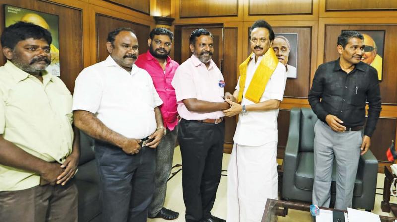 VCK chief Thol Thirumavalavan meets DMK president M.K Stalin at Anna Arivalayam on Tuesday. (Photo: DC) VCK chief Thol Thirumavalavan meets DMK president M.K Stalin at Anna Arivalayam on Tuesday. (Photo: DC)