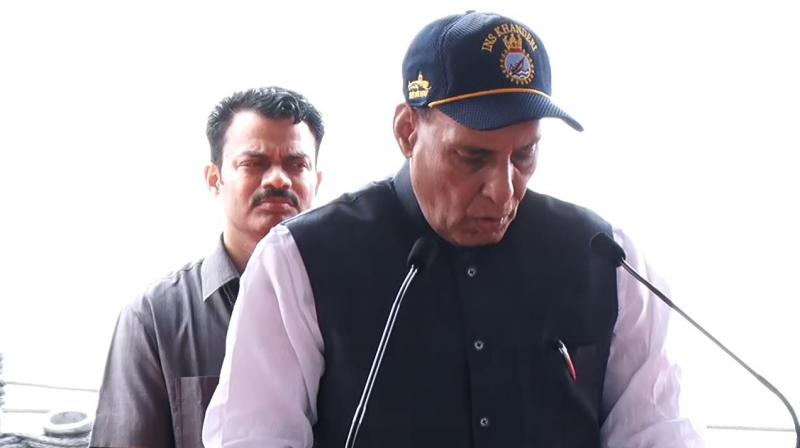 On the submarine's commissioning, Rajnath said, 'It is a matter of immense pride that India is one of the few countries which can build its own submarines.' (Photo: ANI) On the submarine's commissioning, Rajnath said, 'It is a matter of immense pride that India is one of the few countries which can build its own submarines.' (Photo: ANI)