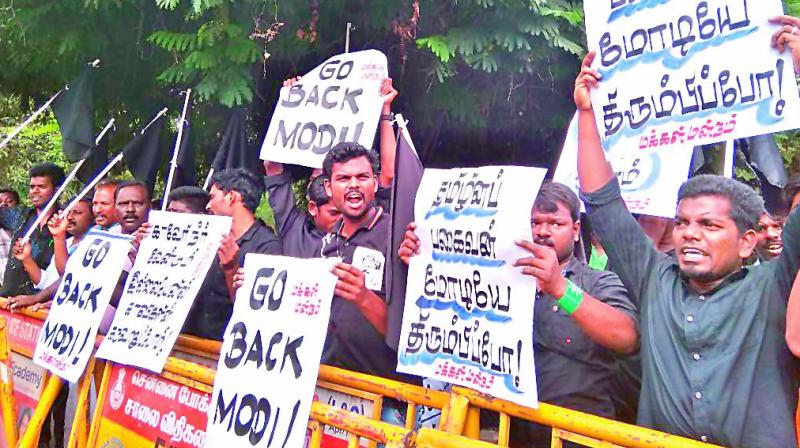 The ongoing Cauvery protests peaked on Thursday against the backdrop of Prime Minister Narendra Modi’s visit to Chennai. Slogans like ‘Go back Modi’ rent the air in parts of South Chennai. The ongoing Cauvery protests peaked on Thursday against the backdrop of Prime Minister Narendra Modi’s visit to Chennai. Slogans like ‘Go back Modi’ rent the air in parts of South Chennai.