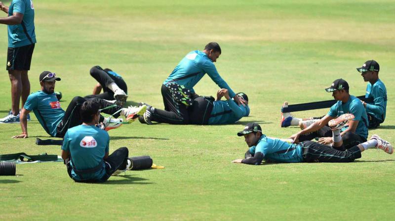 Bangladeshi cricketers during a practice session. PTI Photo