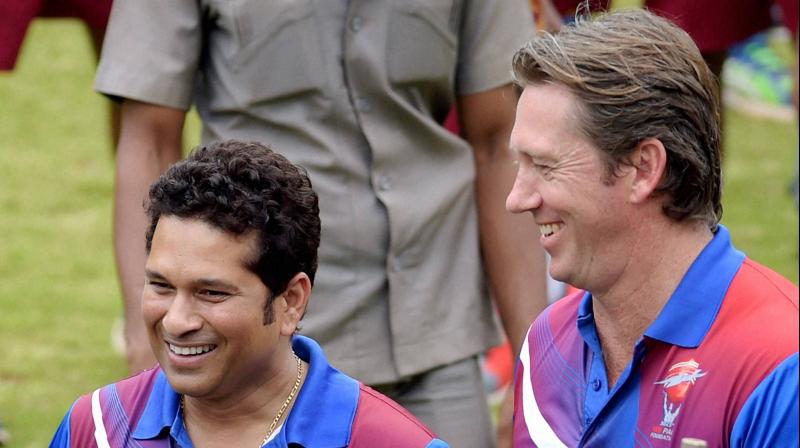 Sachin Tendulkar and Glenn McGrath at the MRF Pace Foundation in Chennai. PTI Photo