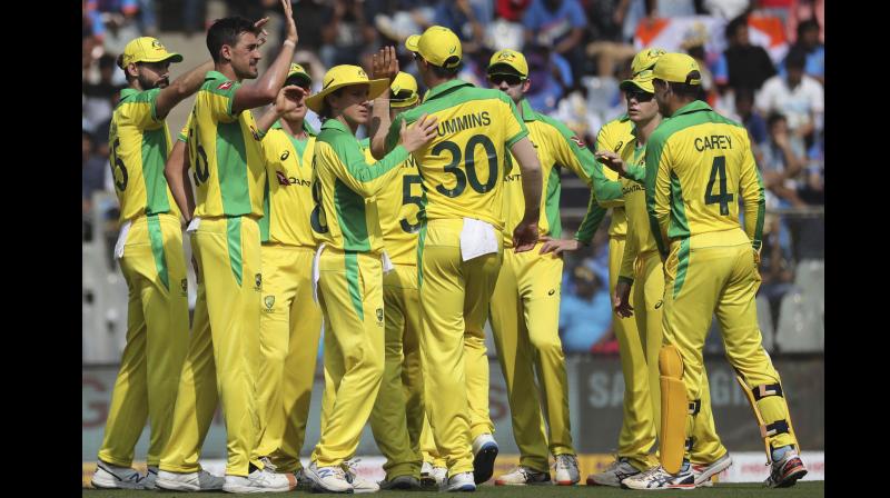 Australias Mitchell Starc (2nd L) celebrates a wicket with teammates. AP Photo