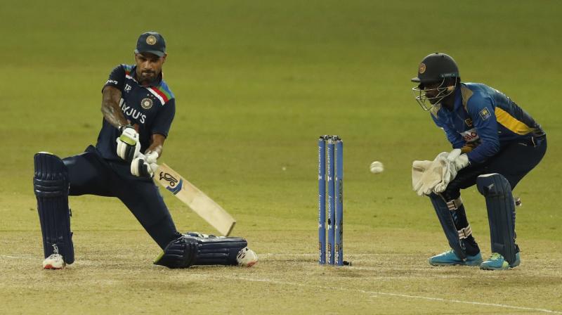 Indias Shikhar Dhawan plays a shot during the first ODI against Sri Lanka in Colombo on Sunday. (Photo: AP)