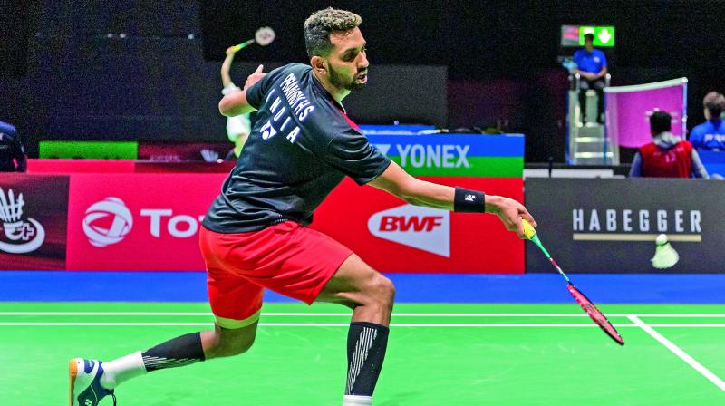H.S. Prannoy en route to his 21-11, 13-21, 21-7 win over China’s Lin Dan in their Badminton World Championships second round match in the St. Jakobshalle in Basel, Switzerland, on Tuesday. (Photo: AP) H.S. Prannoy en route to his 21-11, 13-21, 21-7 win over China’s Lin Dan in their Badminton World Championships second round match in the St. Jakobshalle in Basel, Switzerland, on Tuesday. (Photo: AP)